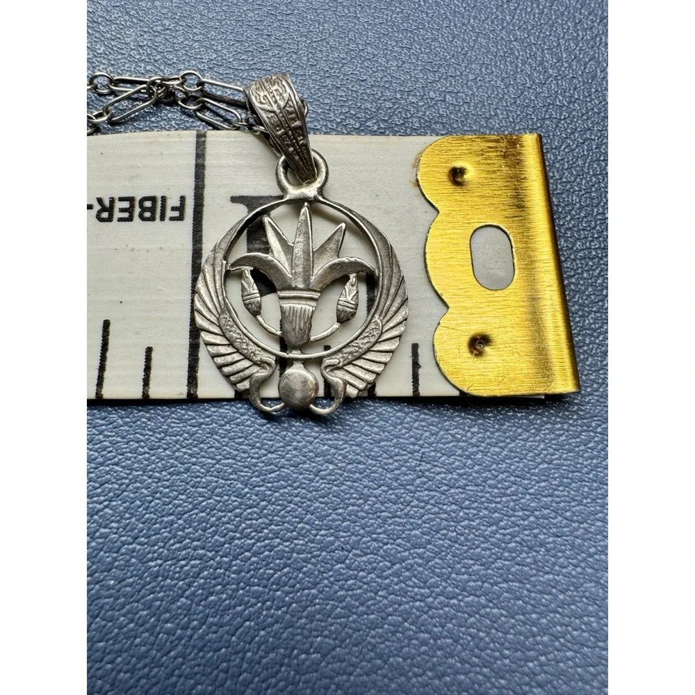 Vintage Egyptian Revival Lotus Winged Pendant Necklace Silver Tone Openwork